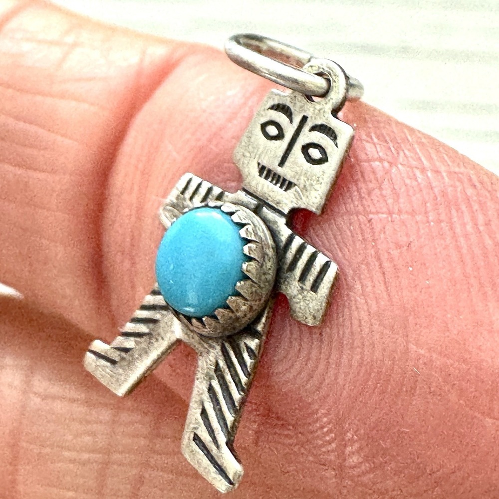 Tiny Navajo Dancer Turquoise Pendant‎ Harvey Era Sterling Charm Native VTG